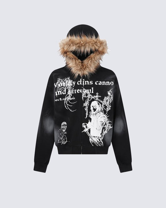 Vintage Zipper Faux Fur Hoodie
