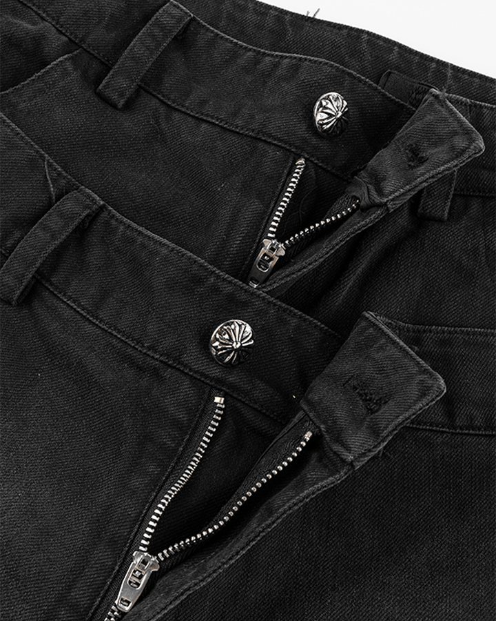 Double-Waist Camo Patchwork Distressed Wide-Leg Pants