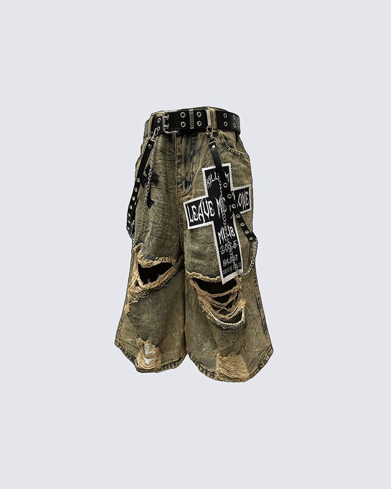 Distressed Gothic Patchwork Denim Shorts with Chains