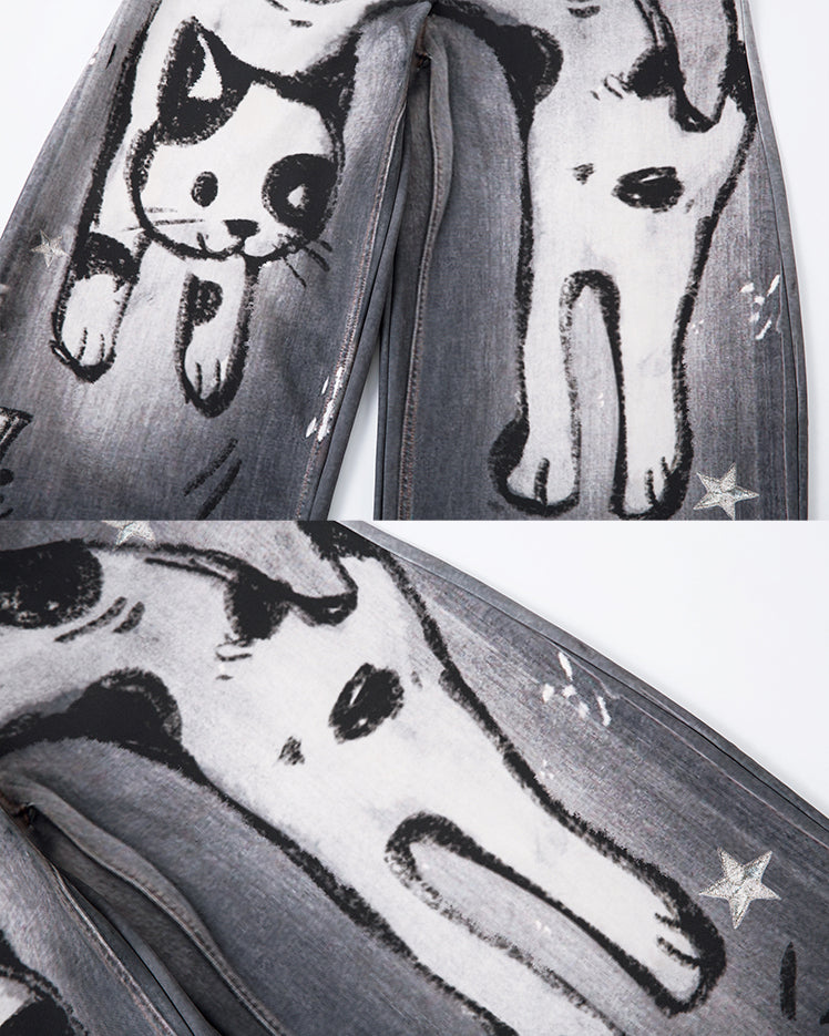 American High-Street Hand-Drawn Cat Print Scimitar Pants