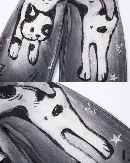 American High-Street Hand-Drawn Cat Print Scimitar Pants