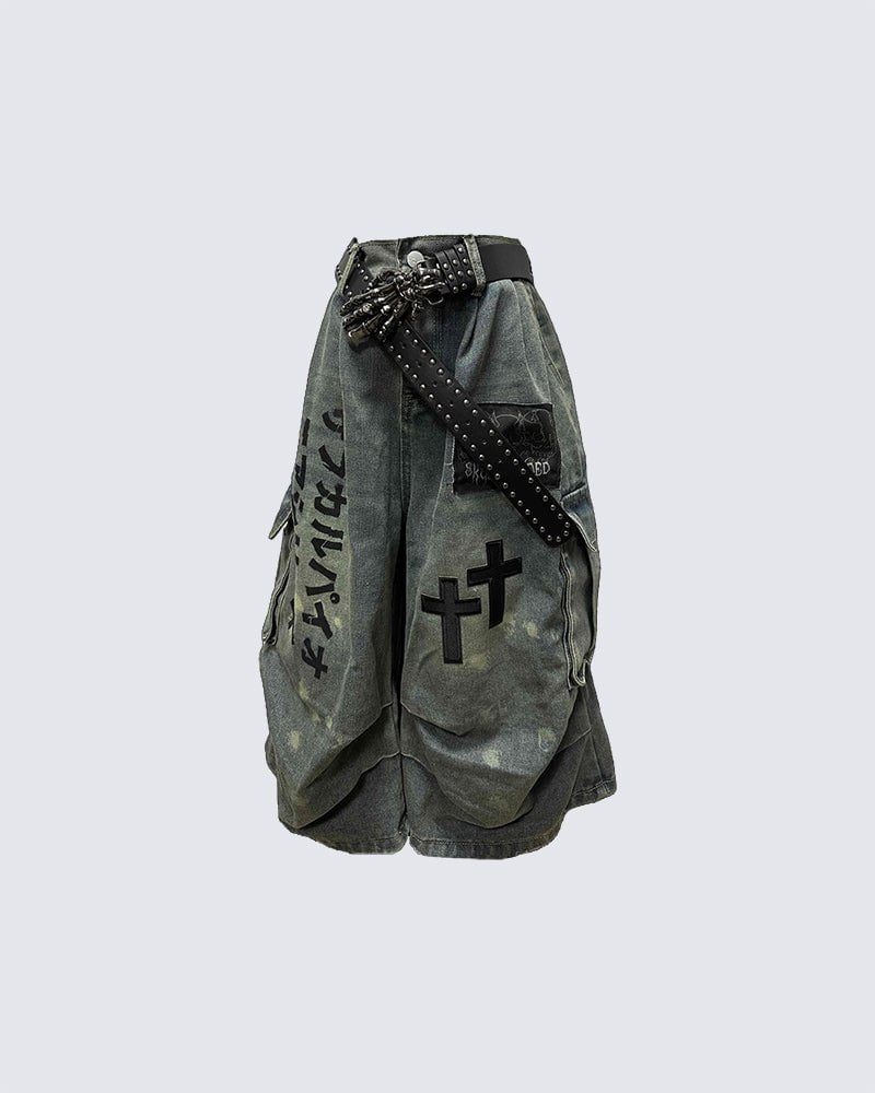 Gothic Washed Denim Shorts with Chains