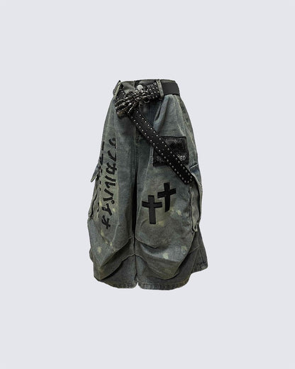 Gothic Washed Denim Shorts with Chains