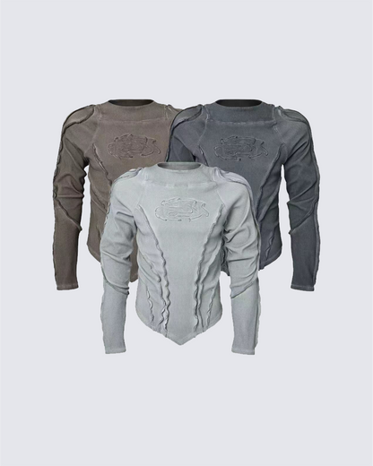 Distressed Panel Long-Sleeve Top