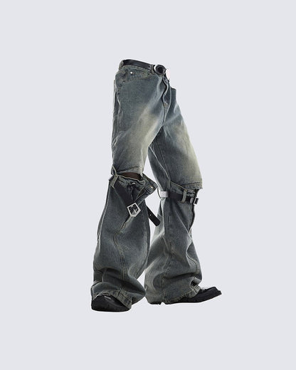 Vintage Buckle Strap Wide-Leg Jeans