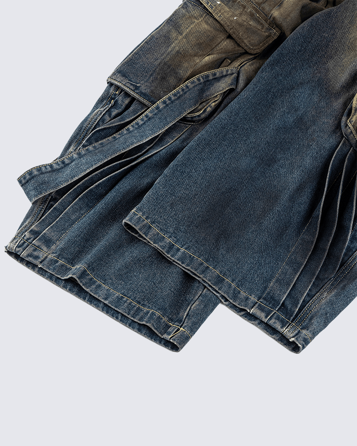 Faded Cargo Wide-Leg Denim Pants