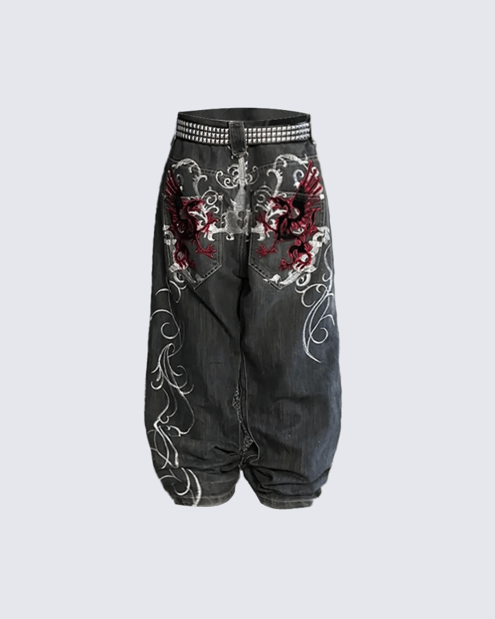 Dragon Embroidery Gothic Loose Denim Pants