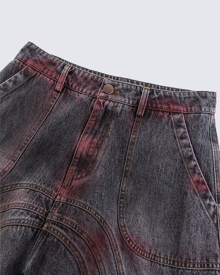 Red Fade 3D Panel Wide-Leg Denim Pants