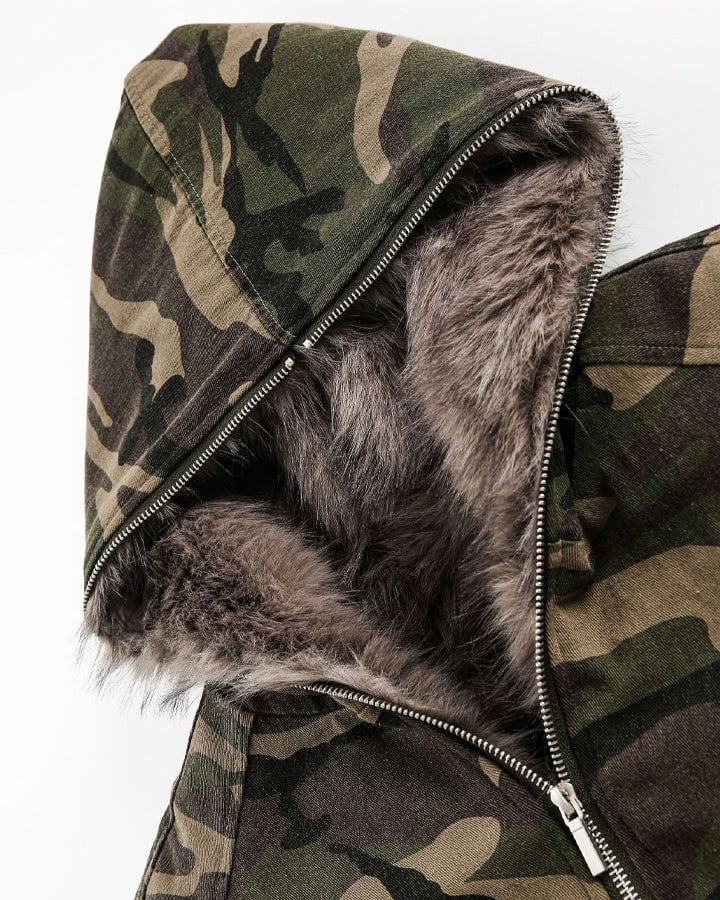 Camouflage Faux Fur Lined Hooded Jacket