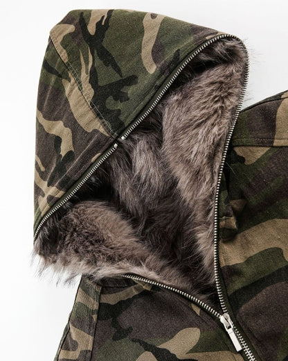 Camouflage Faux Fur Lined Hooded Jacket