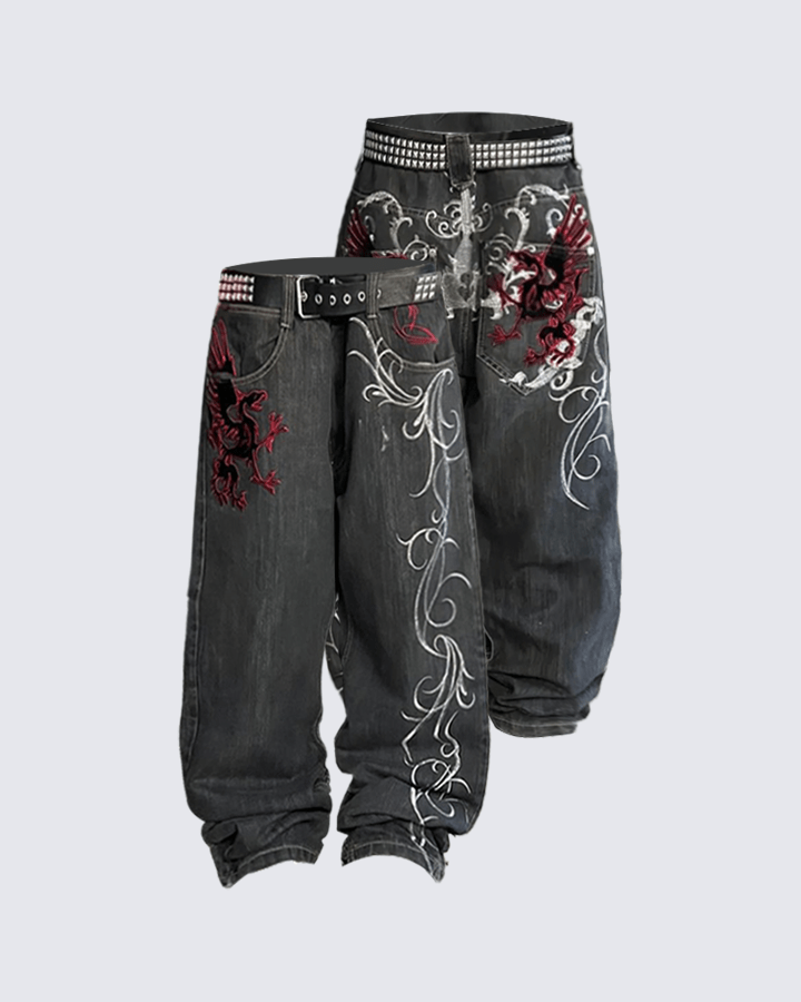 Dragon Embroidery Gothic Loose Denim Pants