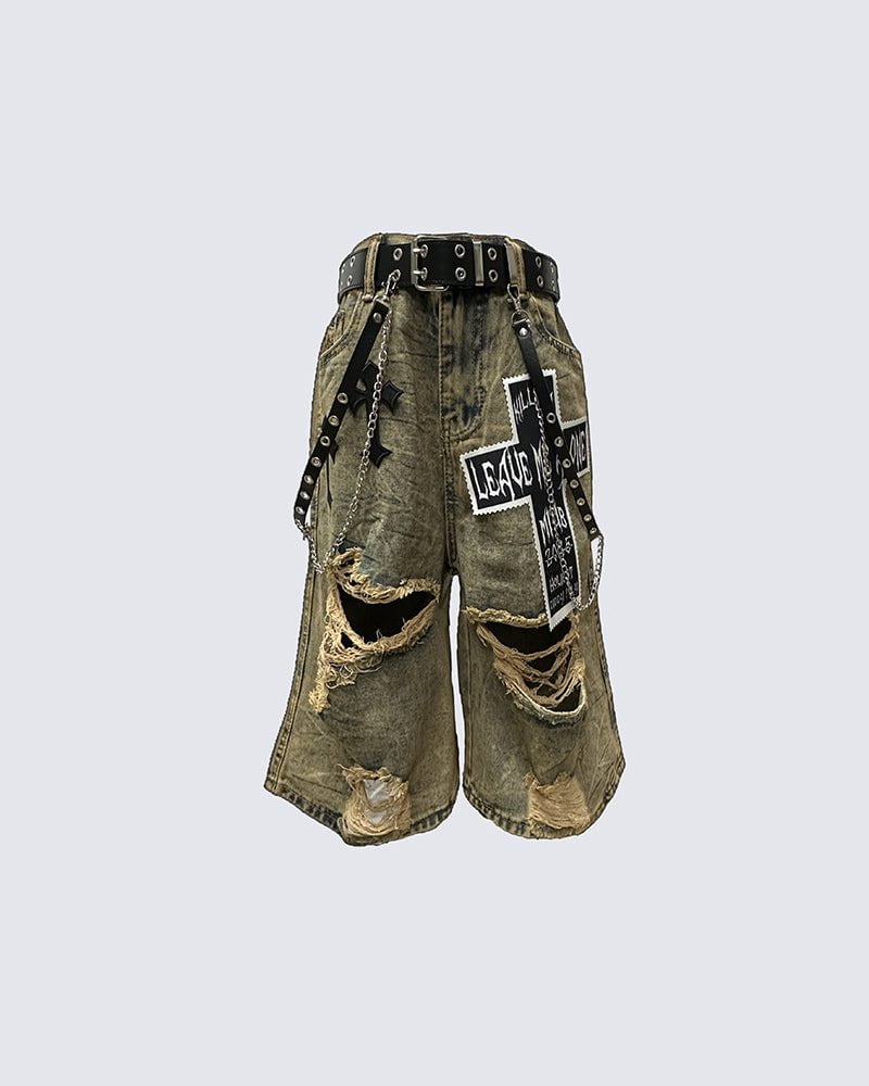 Distressed Gothic Patchwork Denim Shorts with Chains