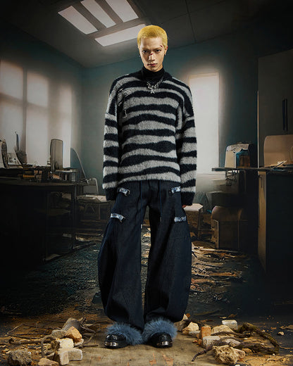 American Retro Plaid Patchwork Denim Pants