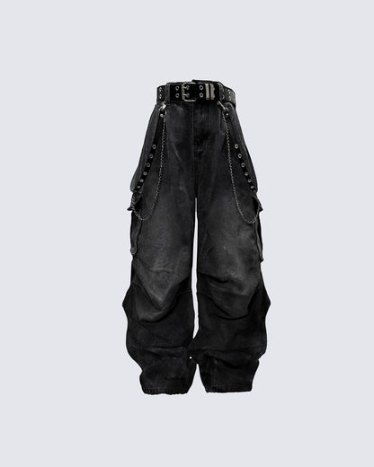 Washed Pocket Cargo Pants（Free Belt and Chain Included）