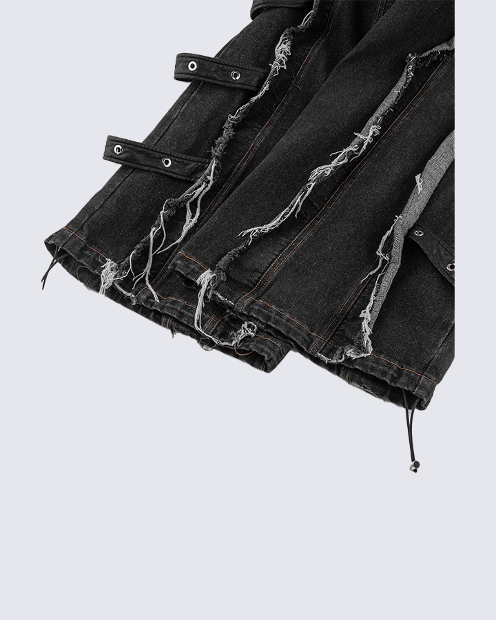 Frayed Patchwork Wide-Leg Denim Pants