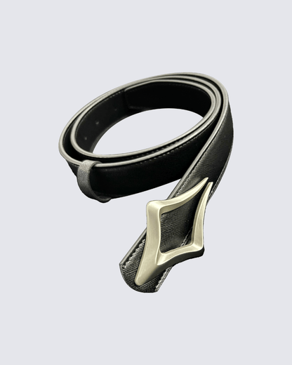 Minimalist Black Leather Belt with Geometric Silver Buckle