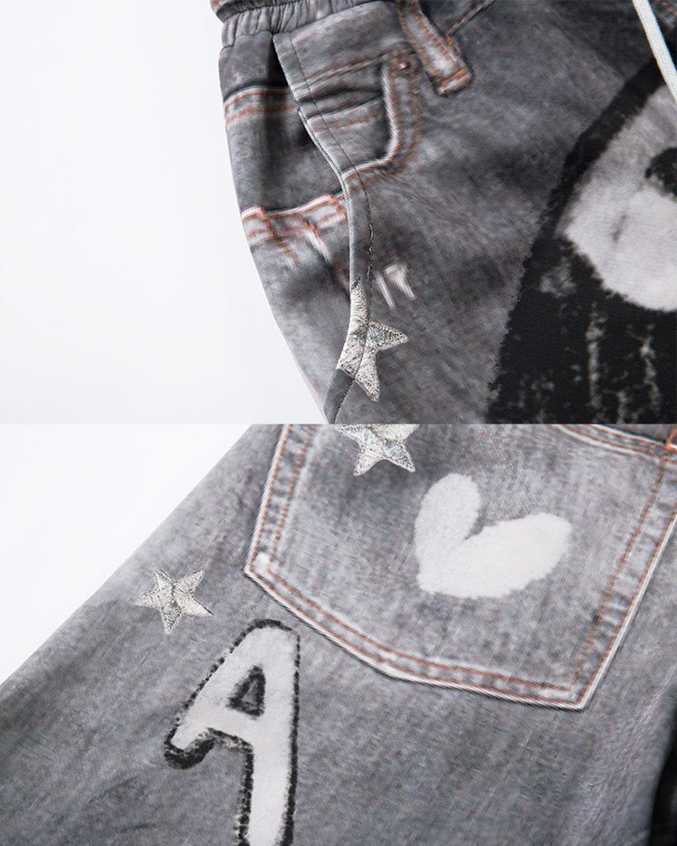 American High-Street Hand-Drawn Cat Print Scimitar Pants