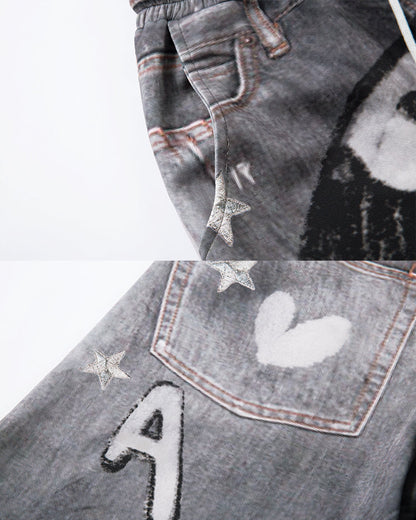 American High-Street Hand-Drawn Cat Print Scimitar Pants