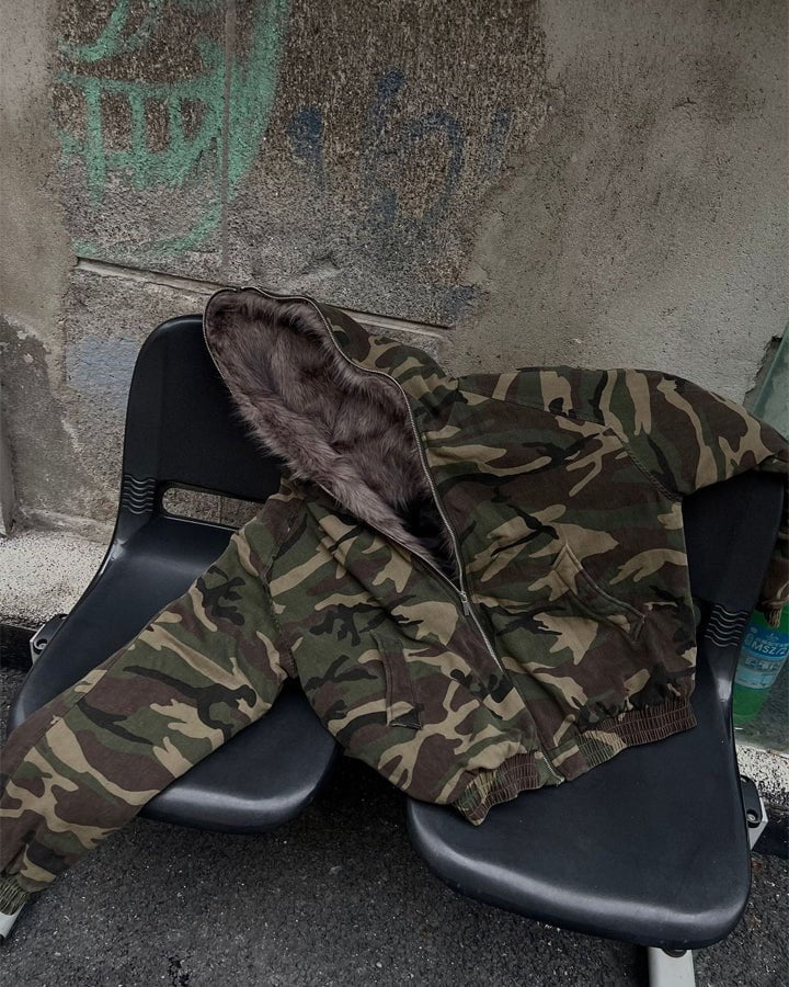 Camouflage Faux Fur Lined Hooded Jacket