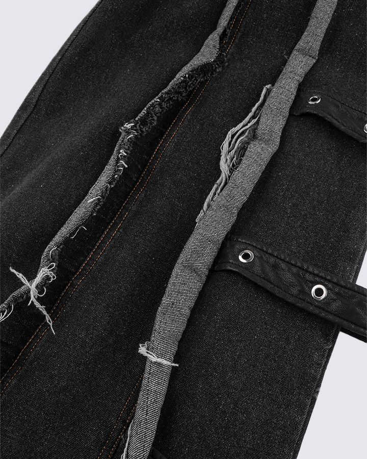 Frayed Patchwork Wide-Leg Denim Pants