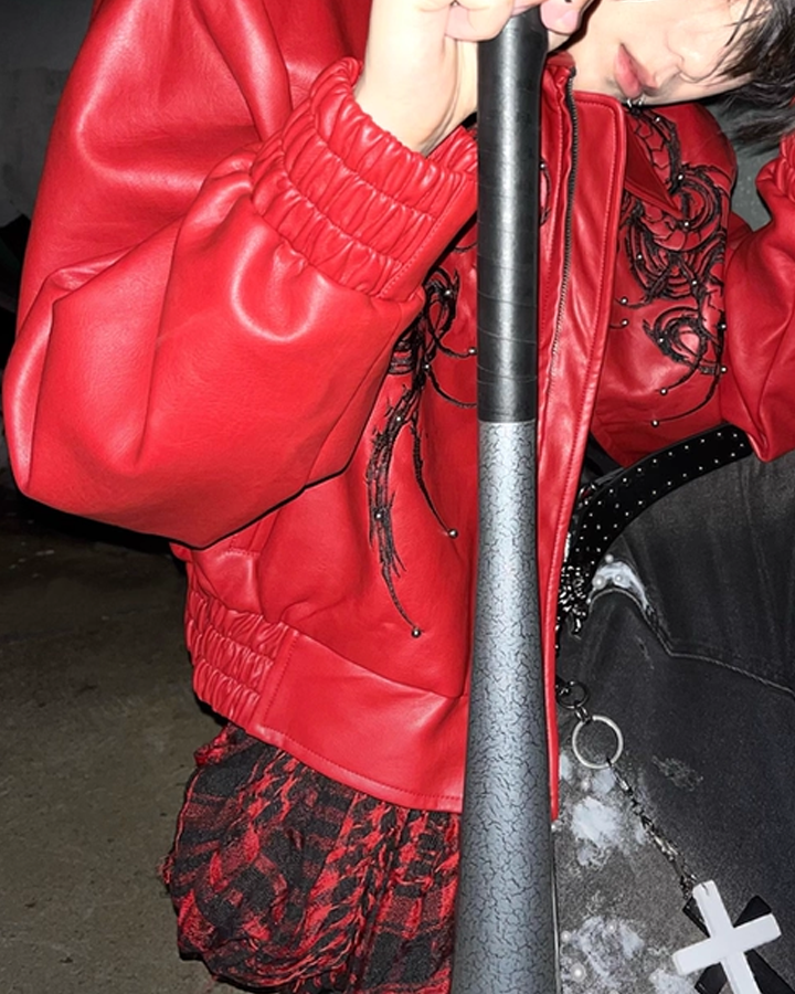 Embroidered Faux Leather Moto Jacket