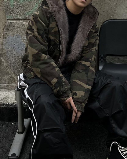 Camouflage Faux Fur Lined Hooded Jacket
