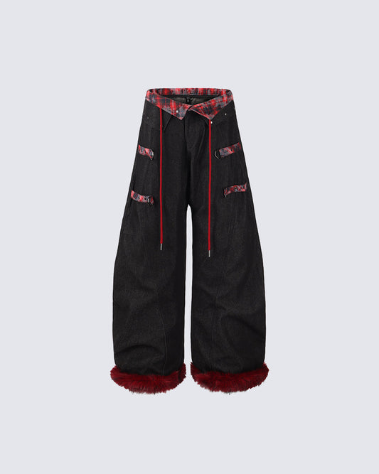 American Retro Plaid Patchwork Denim Pants