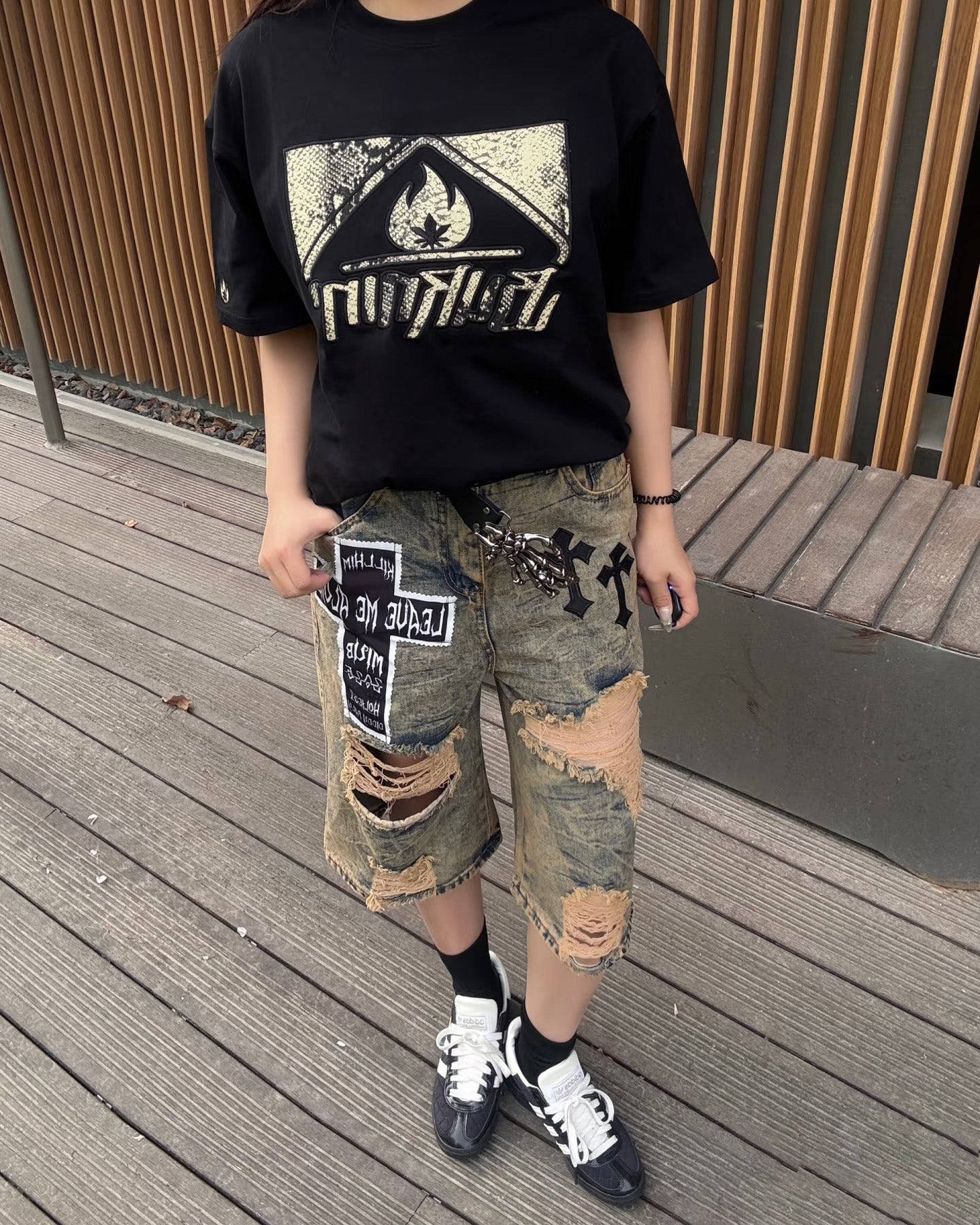 Distressed Gothic Patchwork Denim Shorts with Chains