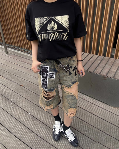 Distressed Gothic Patchwork Denim Shorts with Chains