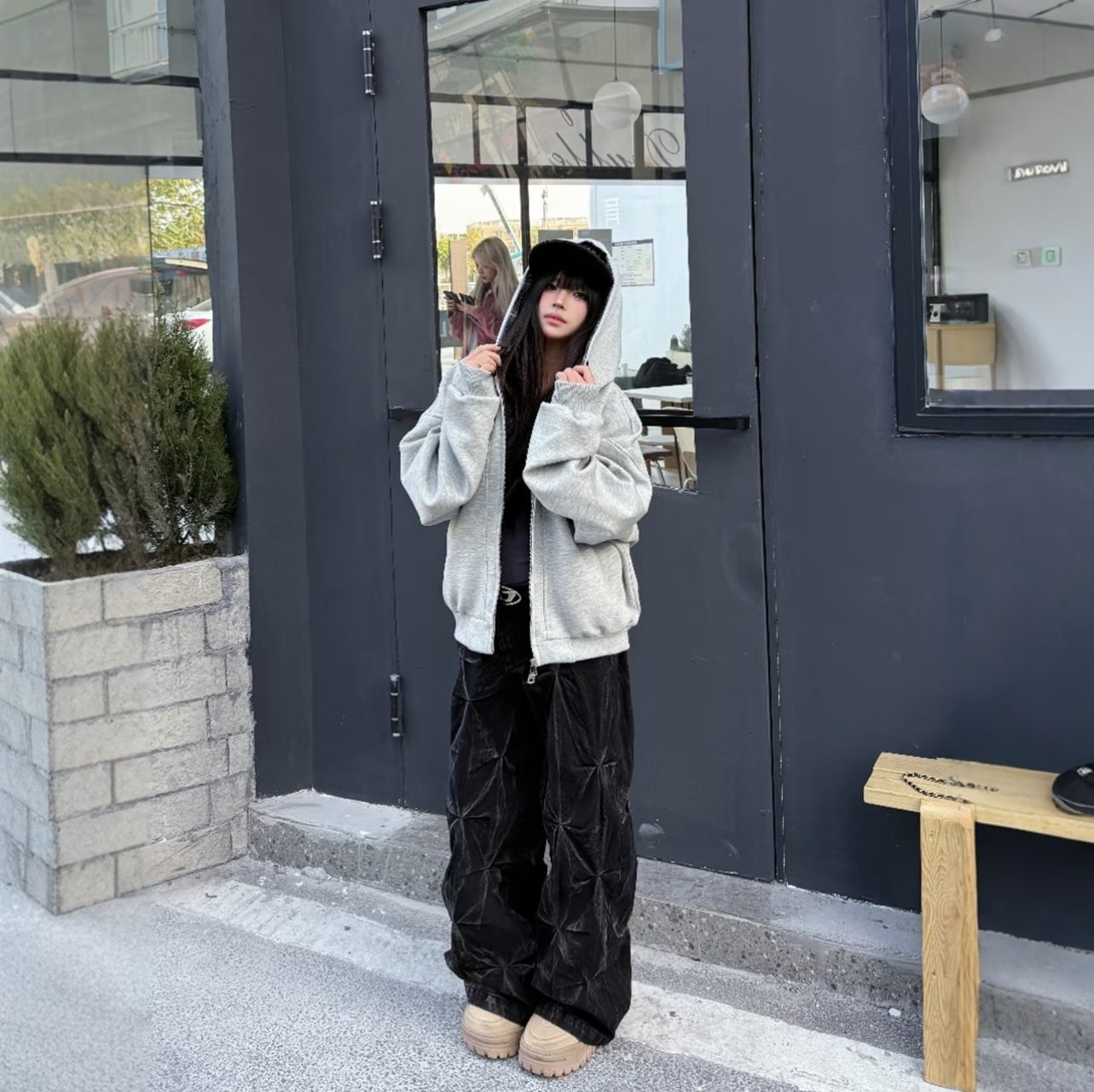 Crinkled Denim Cargo Pants