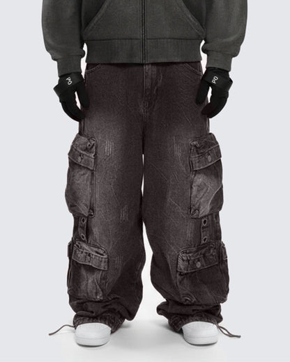 Multi-Pocket Washed Denim Pants