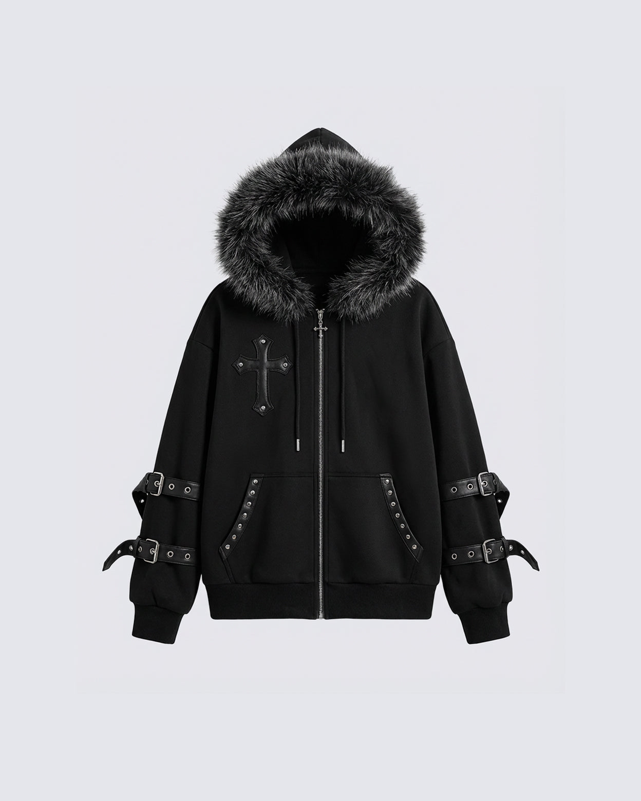 Cross Embroidered Faux Fur Hooded Jacket