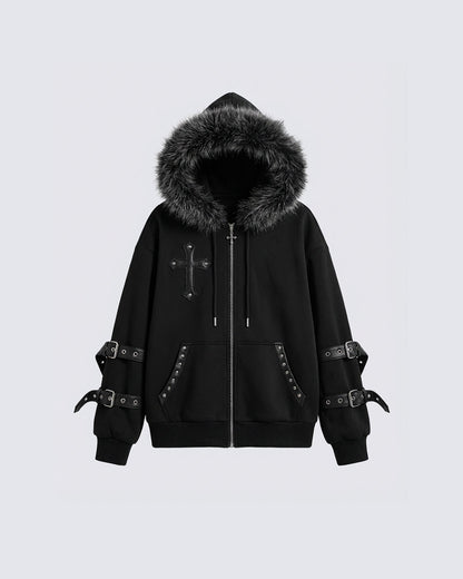 Cross Embroidered Faux Fur Hooded Jacket