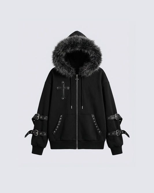 Cross Embroidered Faux Fur Hooded Jacket