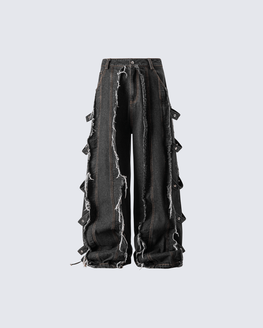 Frayed Patchwork Wide-Leg Denim Pants