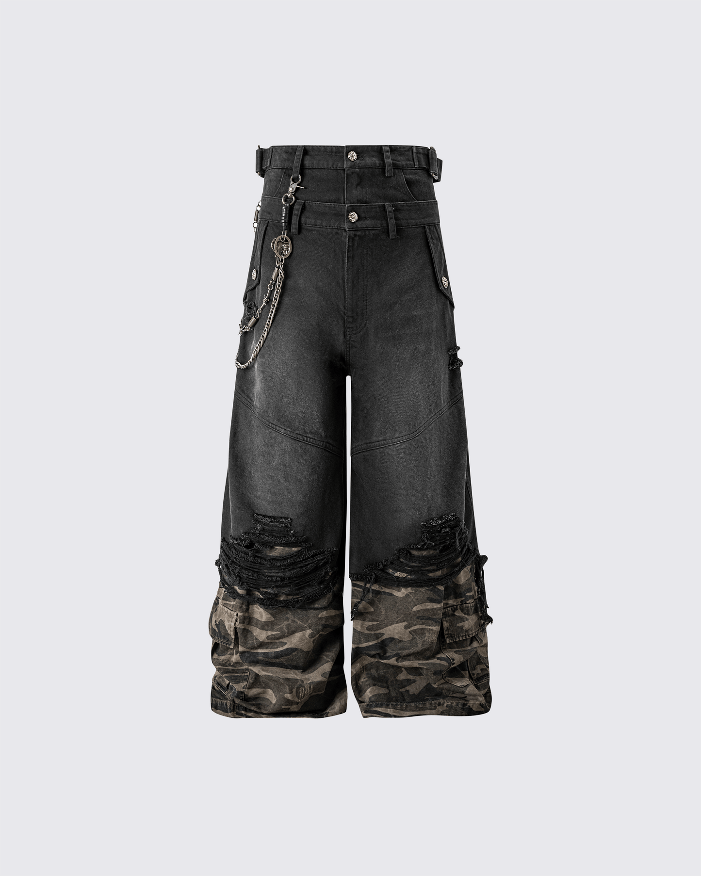 Double-Waist Camo Patchwork Distressed Wide-Leg Pants