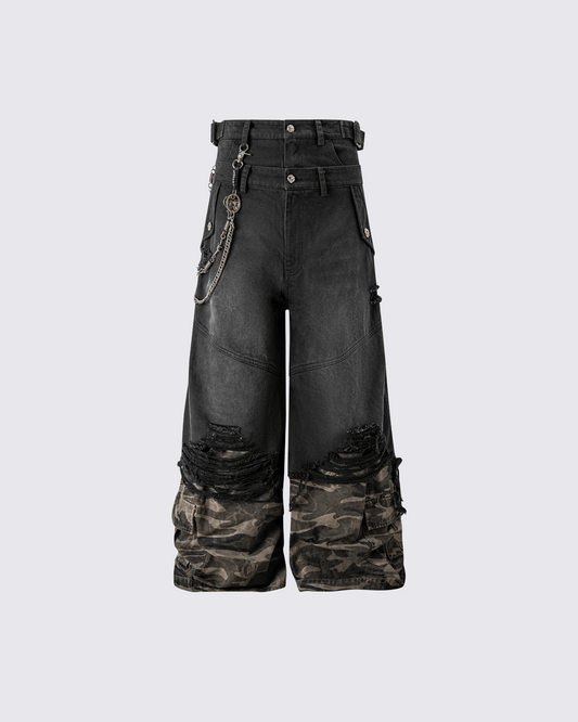 Double-Waist Camo Patchwork Distressed Wide-Leg Pants