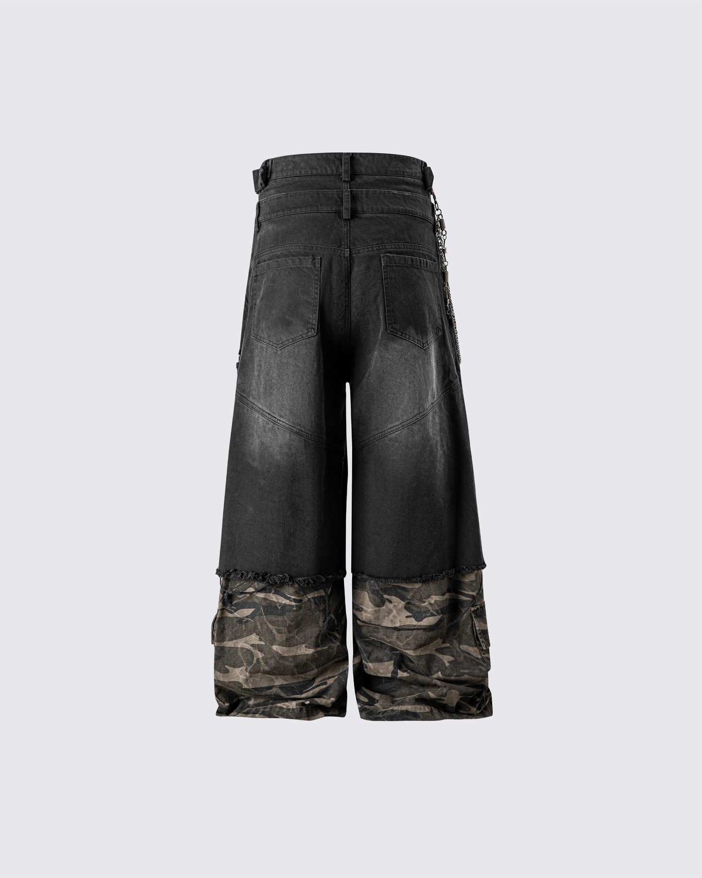 Double-Waist Camo Patchwork Distressed Wide-Leg Pants