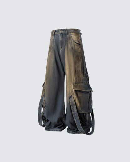 Faded Cargo Wide-Leg Denim Pants