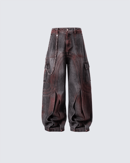 Red Fade 3D Panel Wide-Leg Denim Pants