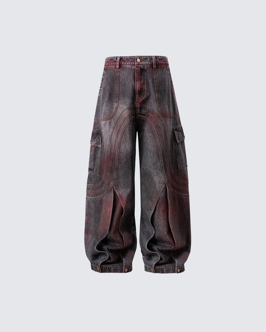 Red Fade 3D Panel Wide-Leg Denim Pants