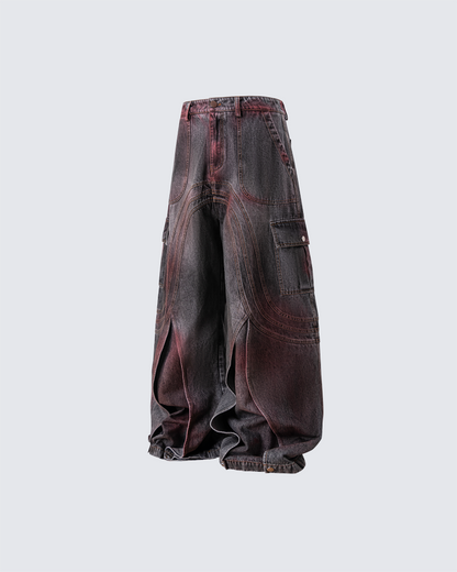 Red Fade 3D Panel Wide-Leg Denim Pants
