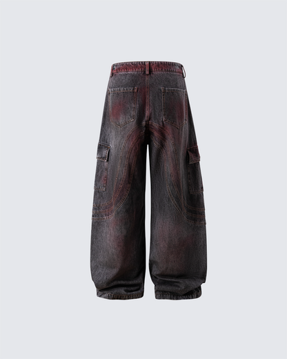 Red Fade 3D Panel Wide-Leg Denim Pants